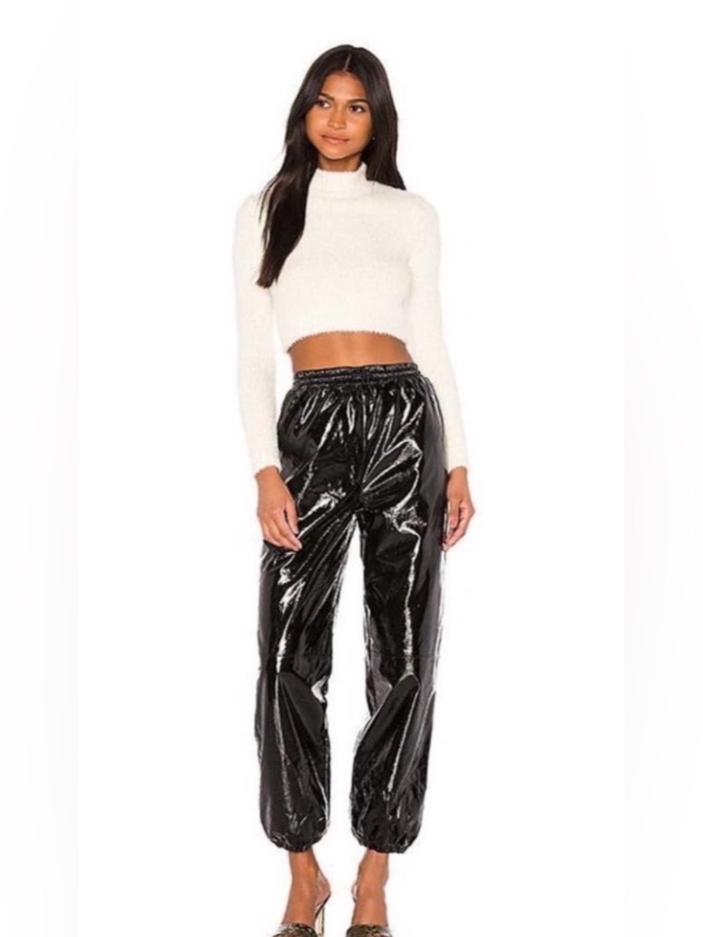 LPA Black High-Shine Vinyl Jogger Pants. Size XXS
